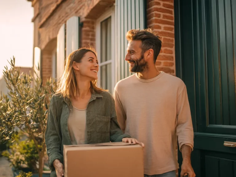 Couple souriant devant la maison en brique qu'il vient d'acheter : financement immobilier