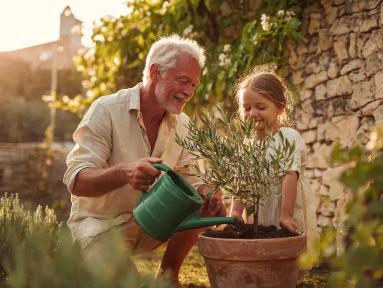 Grand-père et petite-fille plantant un jeune olivier : épargne, retraite et transmission